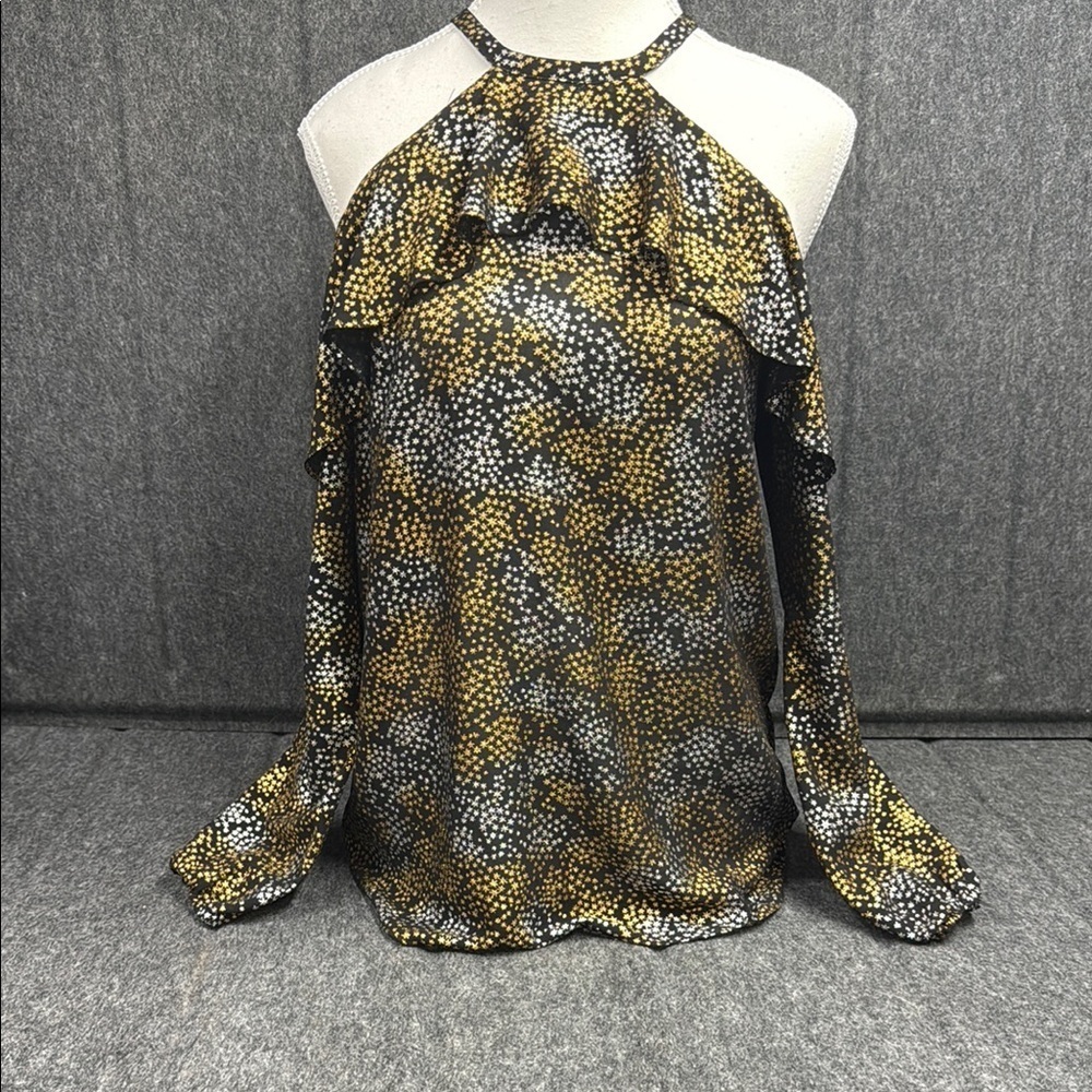 MICHAEL Michael Kors Gold and Black Ruffled Sleeveless Blouse - Picture 1 of 8